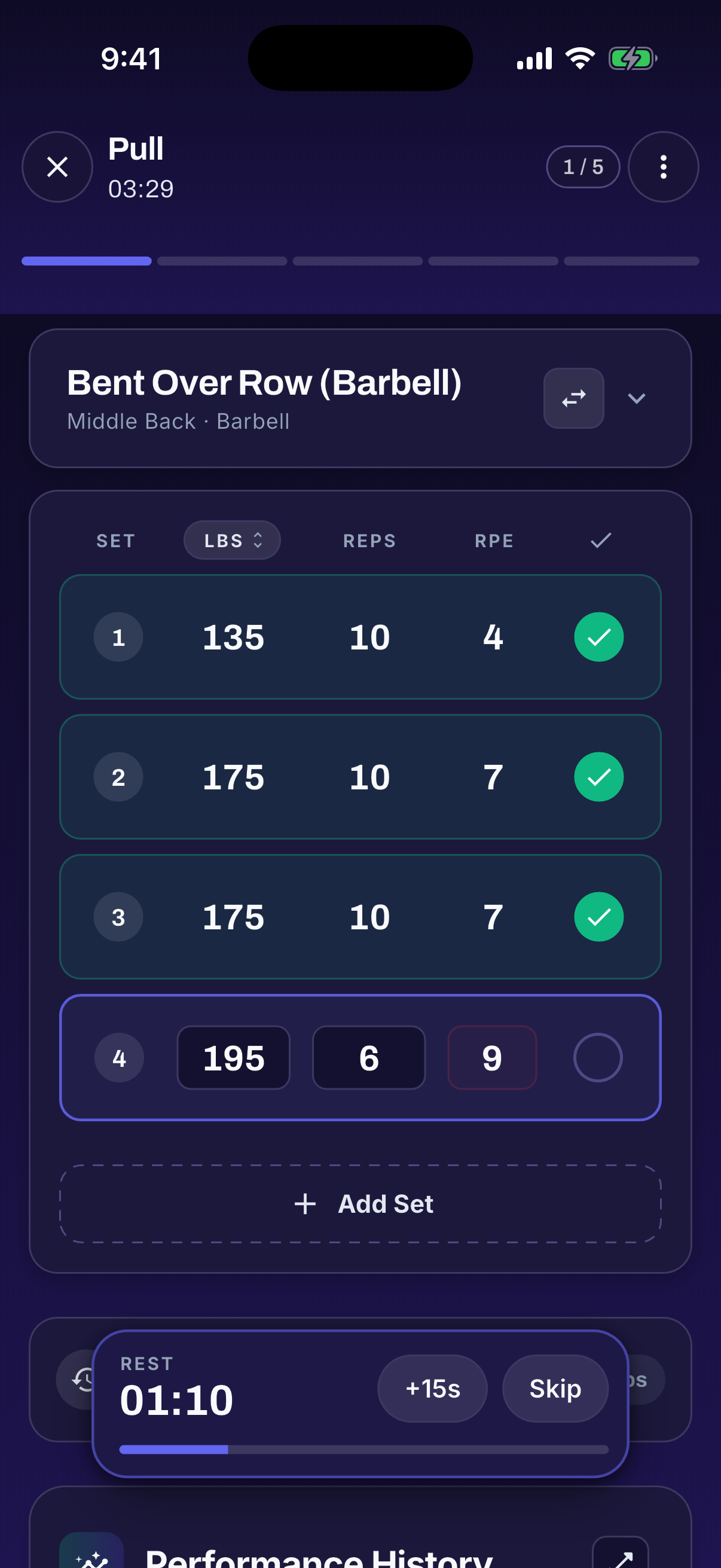 Lifted live workout: logged sets with weights and reps, and a running rest timer