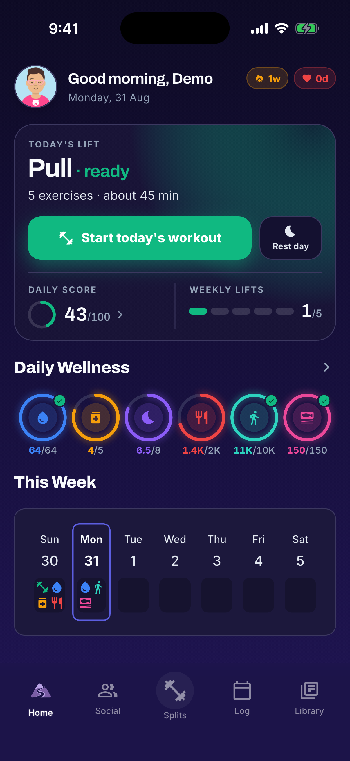 Lifted home screen: today’s lift ready to start, daily wellness rings, and the weekly calendar